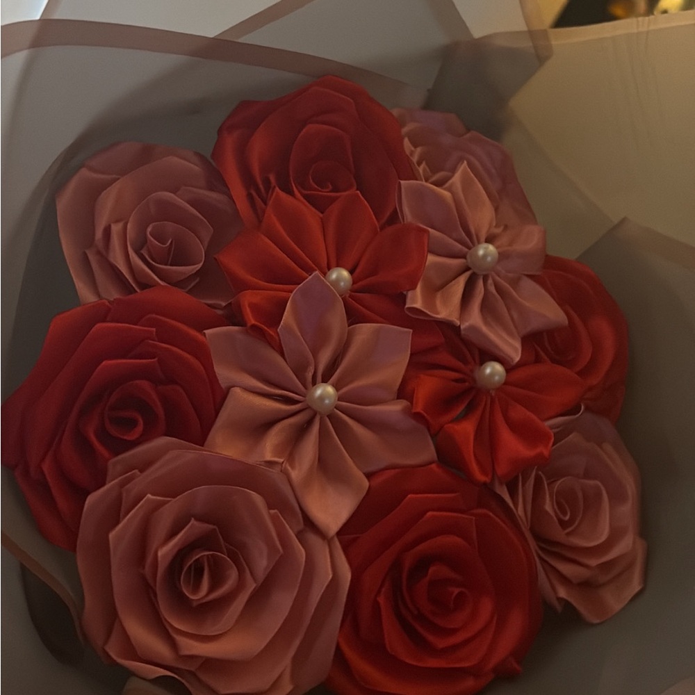 Elegant Red and Pink Satin Flower Bouquet